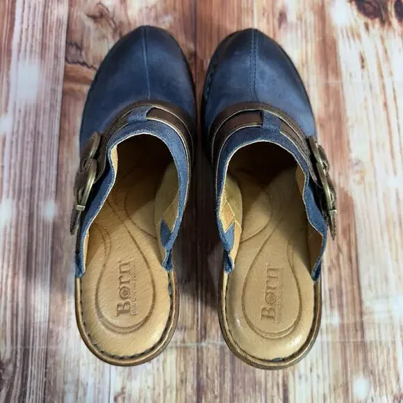 Born Sz 7 Blue Suede Leather Buckle Slide On Chunky Block Heel Clogs Mules Shoes - Picture 5 of 11